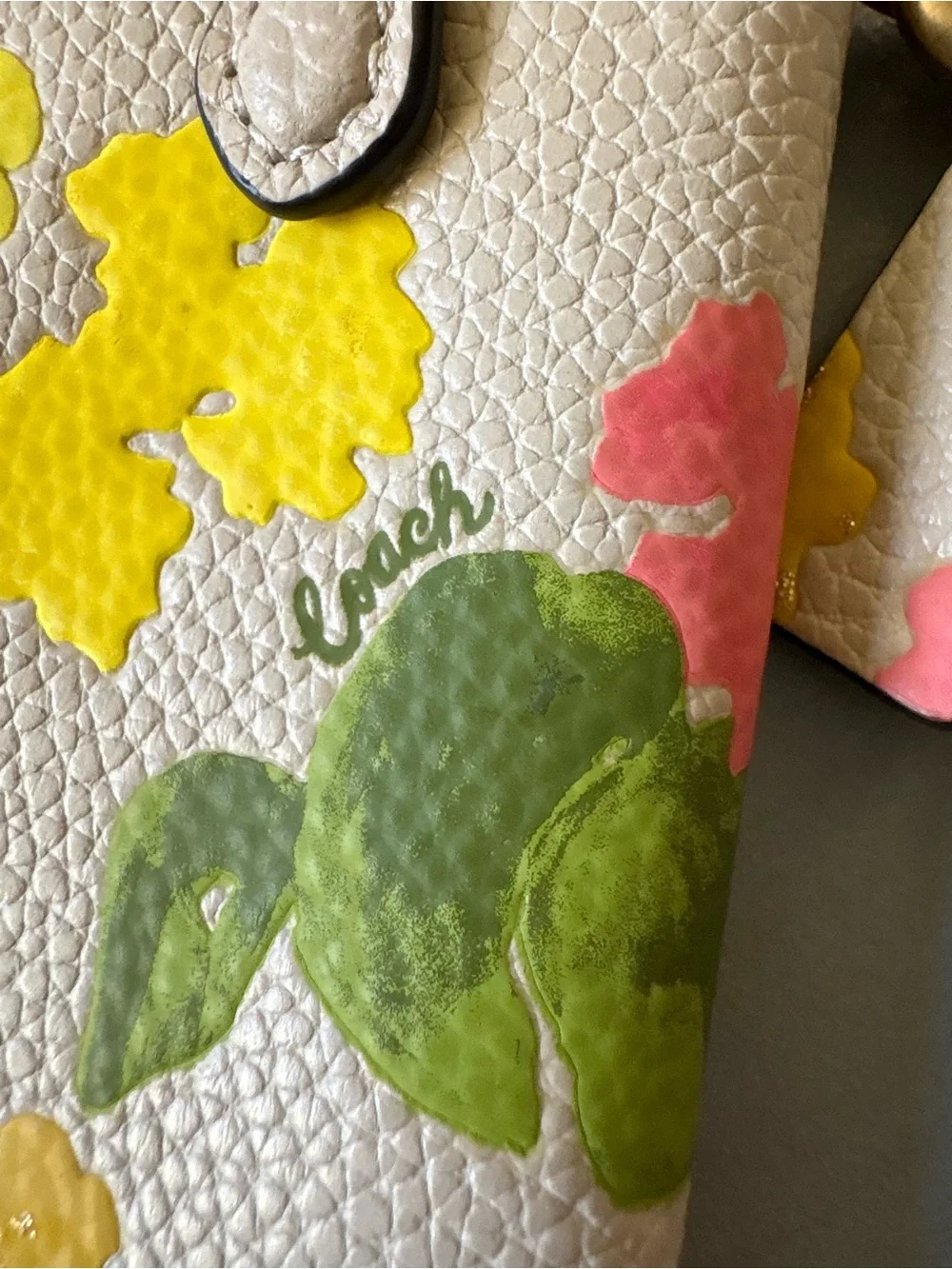 COACH Floral Leather Wristlet in Cream with Yellow, Pink & Green
